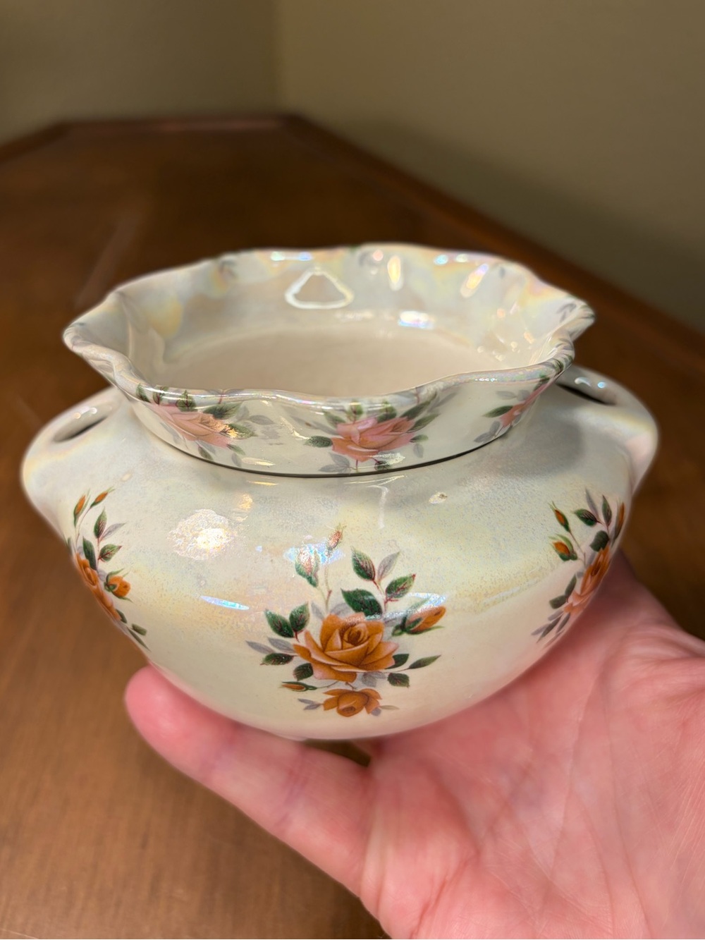 Floral Iridescent Ceramic Self-Watering African Violet Pot Scalloped Rim 5.25"